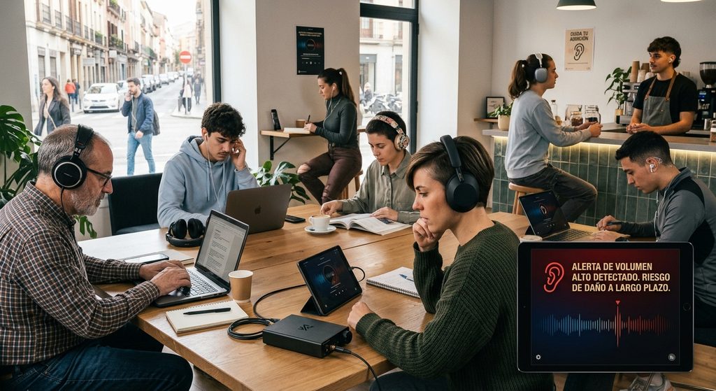 Joven usando auriculares con el móvil, mostrando una alerta de volumen seguro